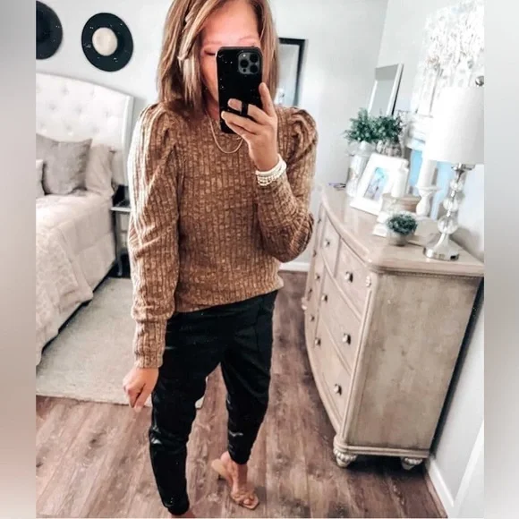 Women's Puff Long Sleeve Shirts Casual Knit Blouses Crew Neck Elegant New L - Picture 6 of 9